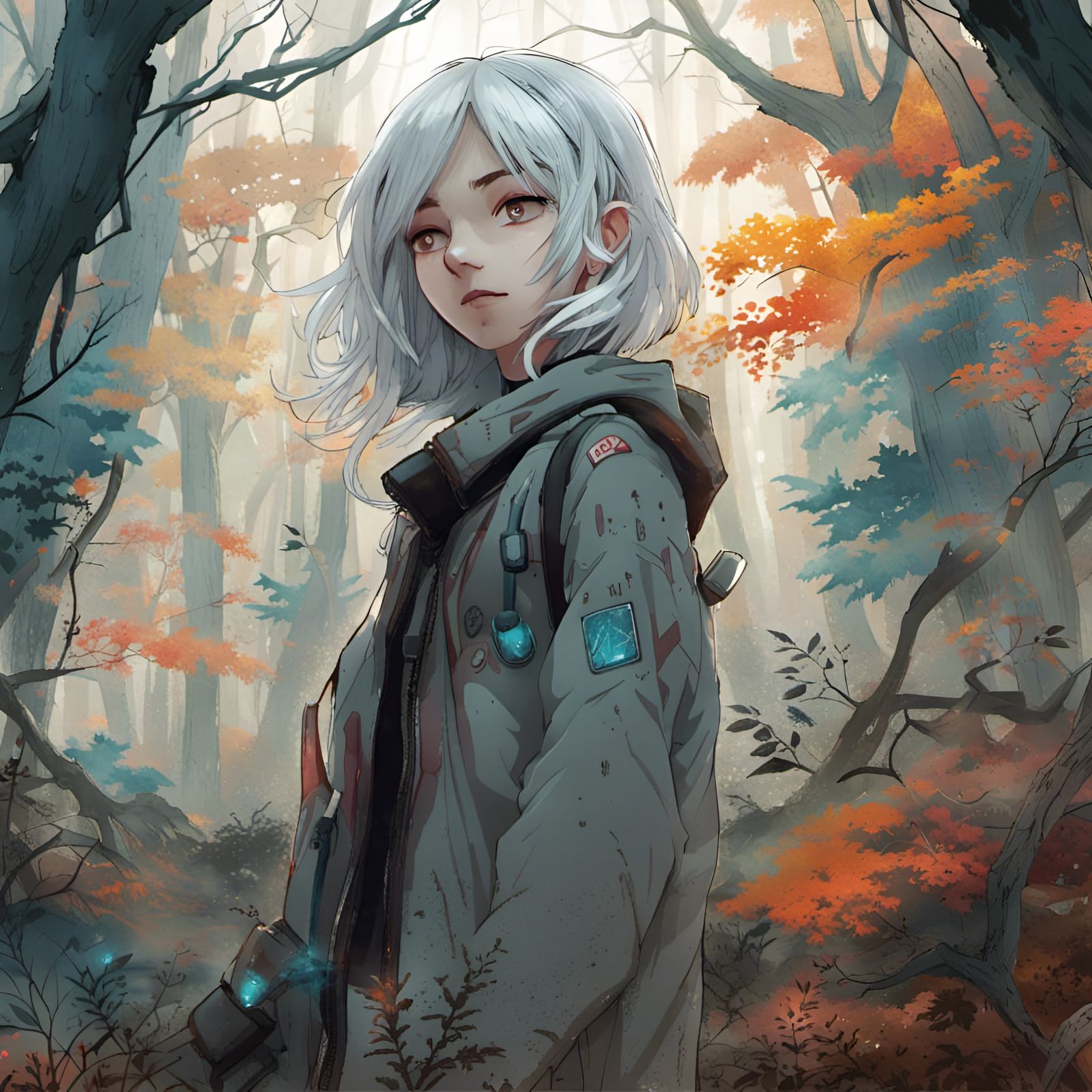 Ghostly Anime Girl in Misty Forest, Digital Art