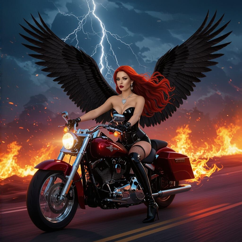Goddess Rides Motorcycle on Burning Road