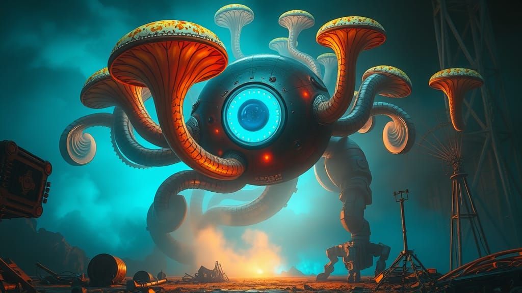 Robotic Entity Engulfed in Iridescent Fungi