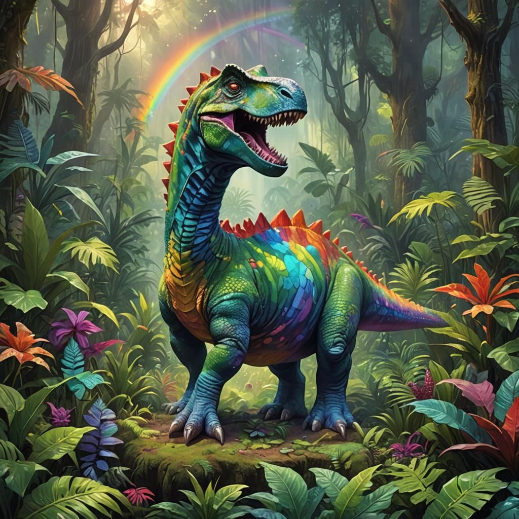 Rainbow Dinosaur in Lush Prehistoric Forest
