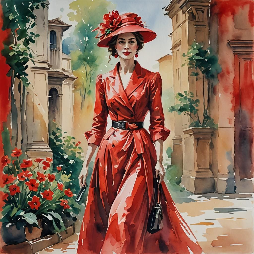 Lady in Red as Gouache Style Painting