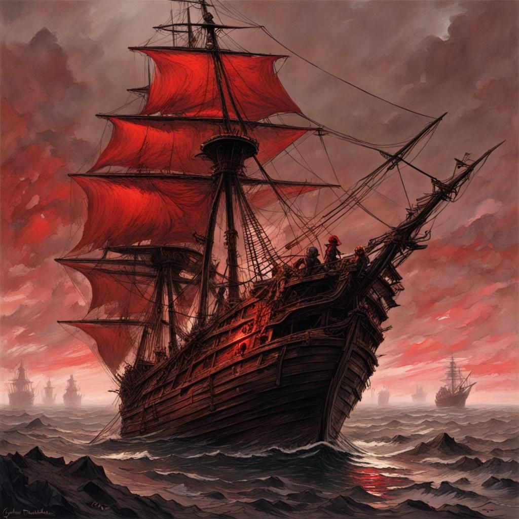 Red Pirate Ship in Dark Engraving Style