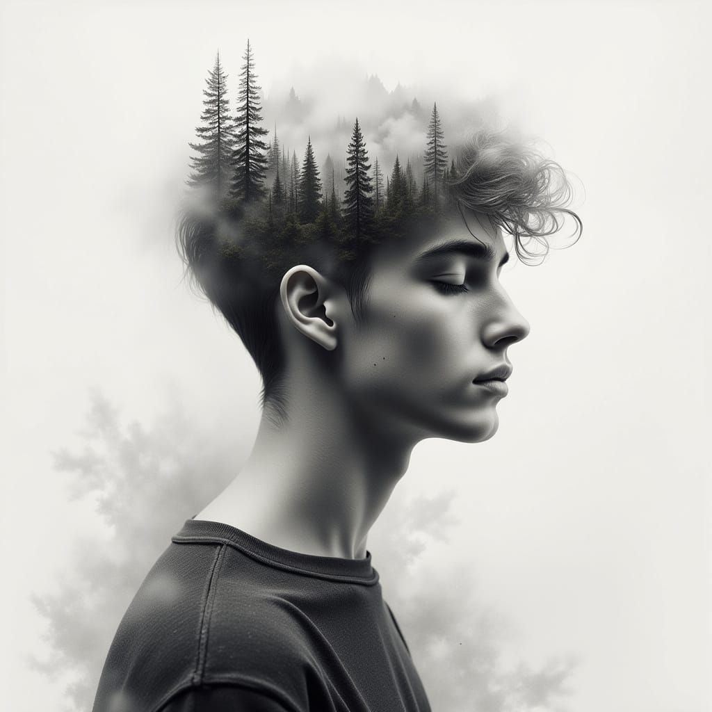 Dreamlike Portrait Fused with Ethereal Watercolor Landscape