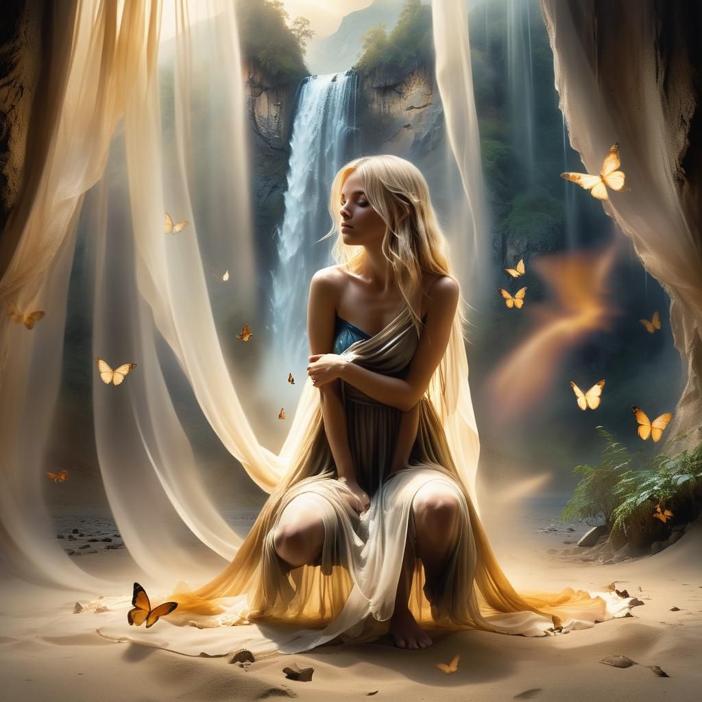 Ethereal Woman Dissolving into Sand and Butterflies