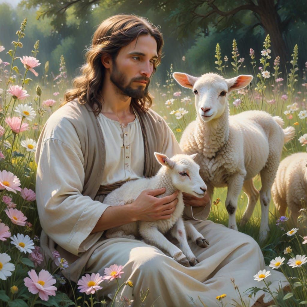Jesus Tends Flock in Impressionistic Field
