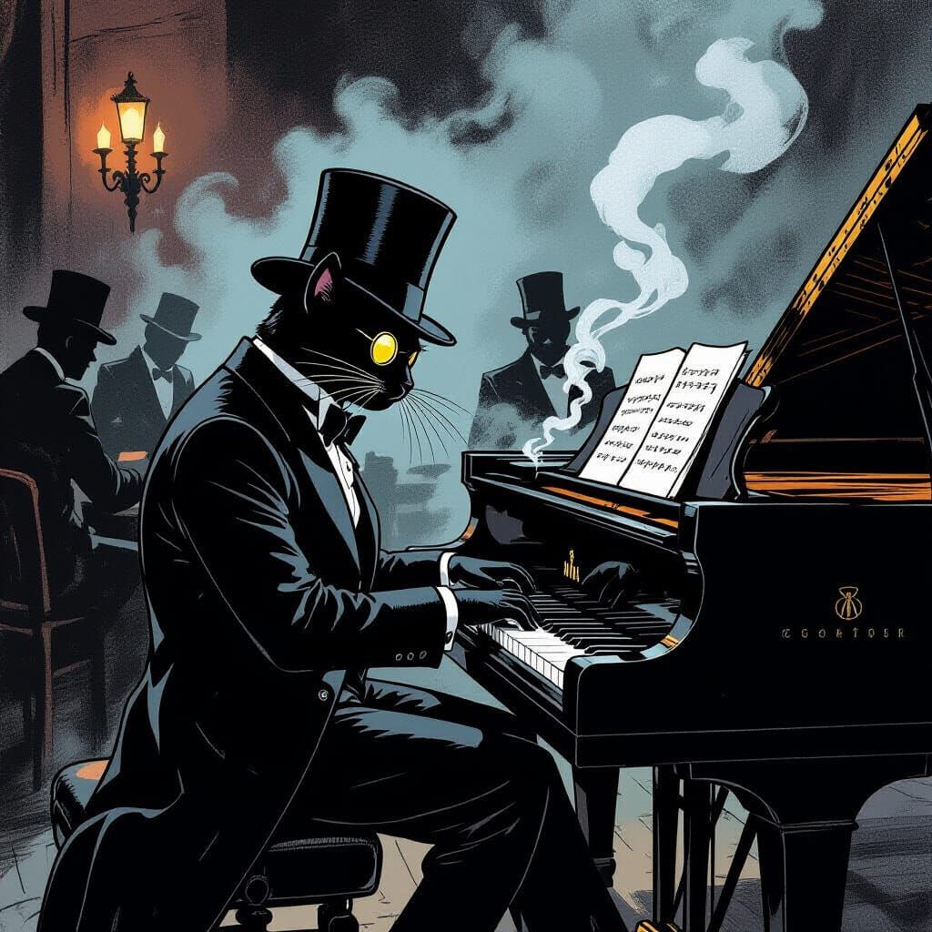 Noir Bombay Cat Plays Piano in Dim Jazz Club