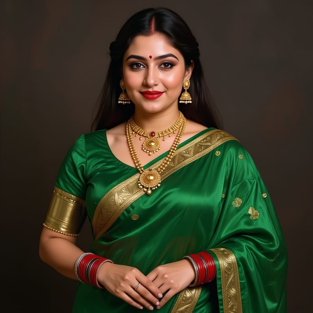 Radiant South Asian Woman in Green Saree with Gold Jewelry