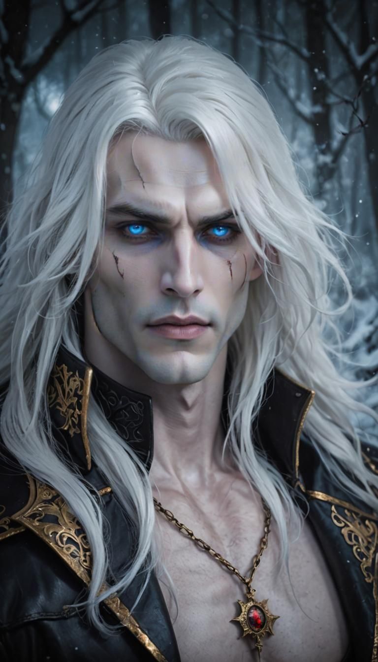 Vampire Warrior with Glowing Eyes in Snowy Forest