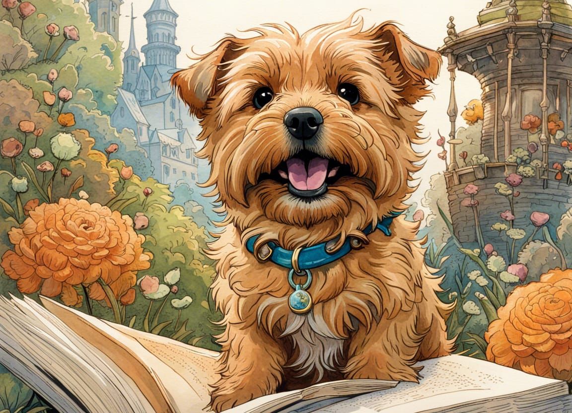 Happy Norfolk Terrier Storybook Watercolor Portrait