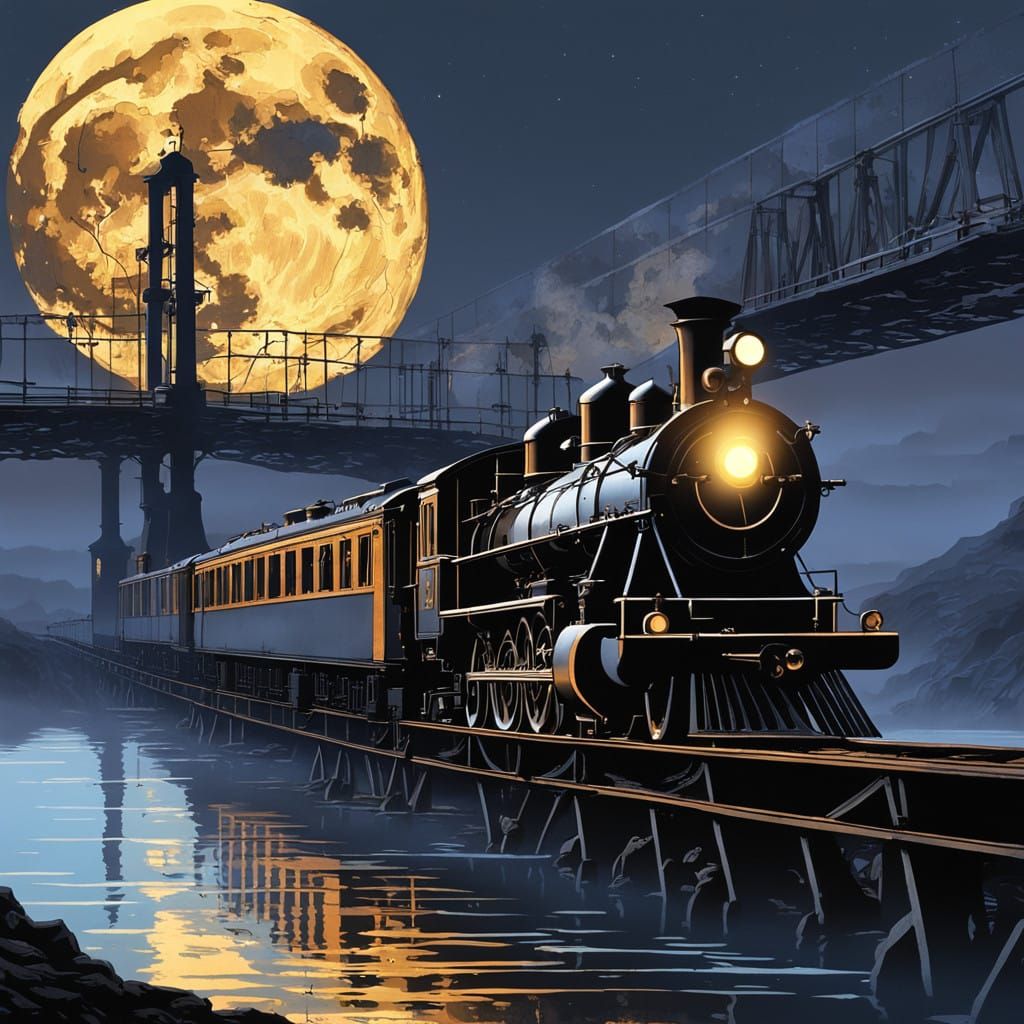 Steam Locomotive Chugs Across a Moonlit Bridge in a Maximali...