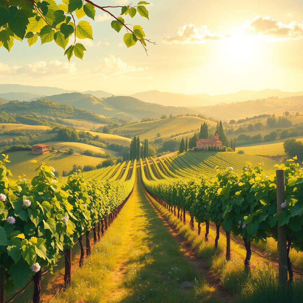 Serene Vineyard Landscape in Warm, Golden Light