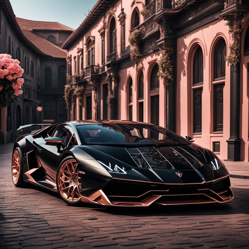 A black SIÁN FKP 37 limited series Lamborghini with rose gold around the trim hyperdetailed maximalism beautiful magnifi...