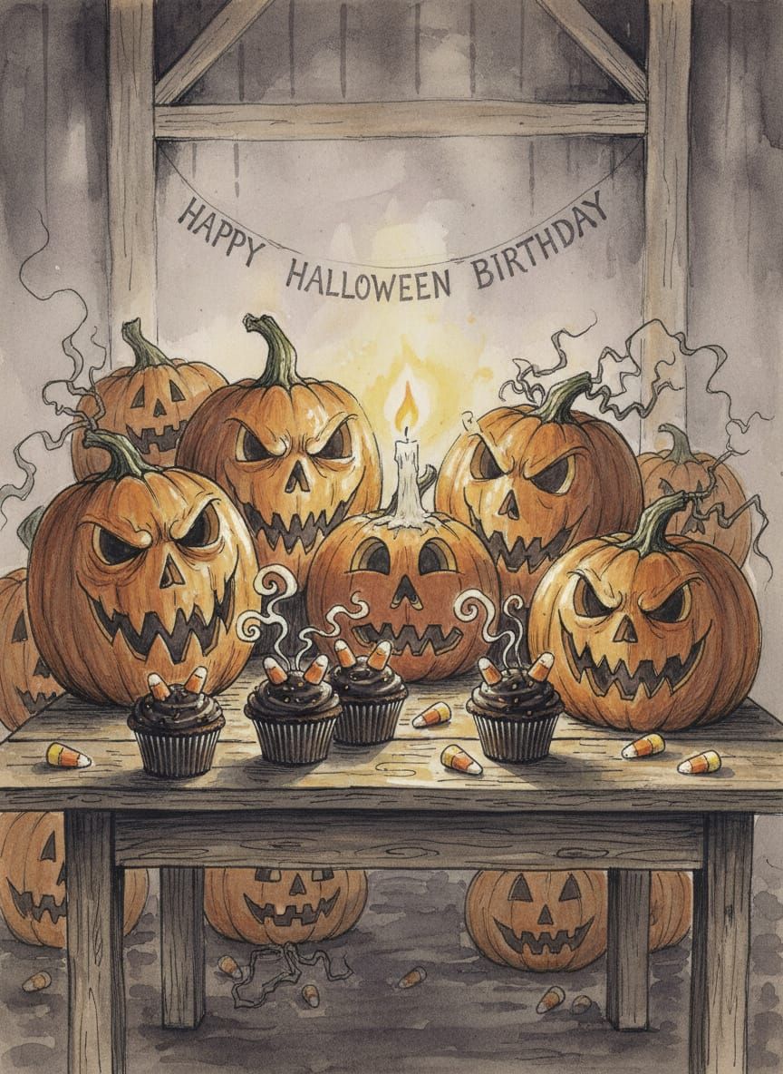 Haunting Halloween Pumpkins and Cupcakes in Misty Barn