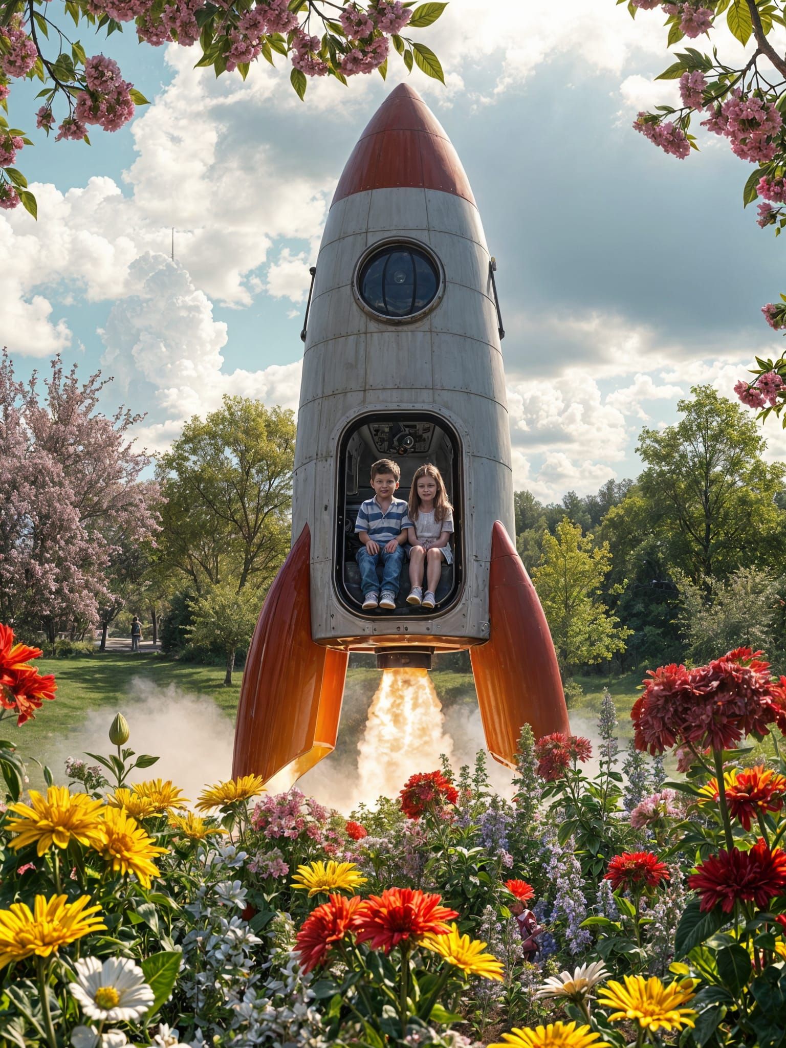 Hyperrealistic Rocket Launching from Garden with Children