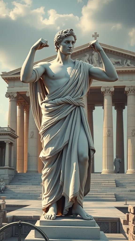 Epic Greek Roman Statue in Marmol with Temple Background