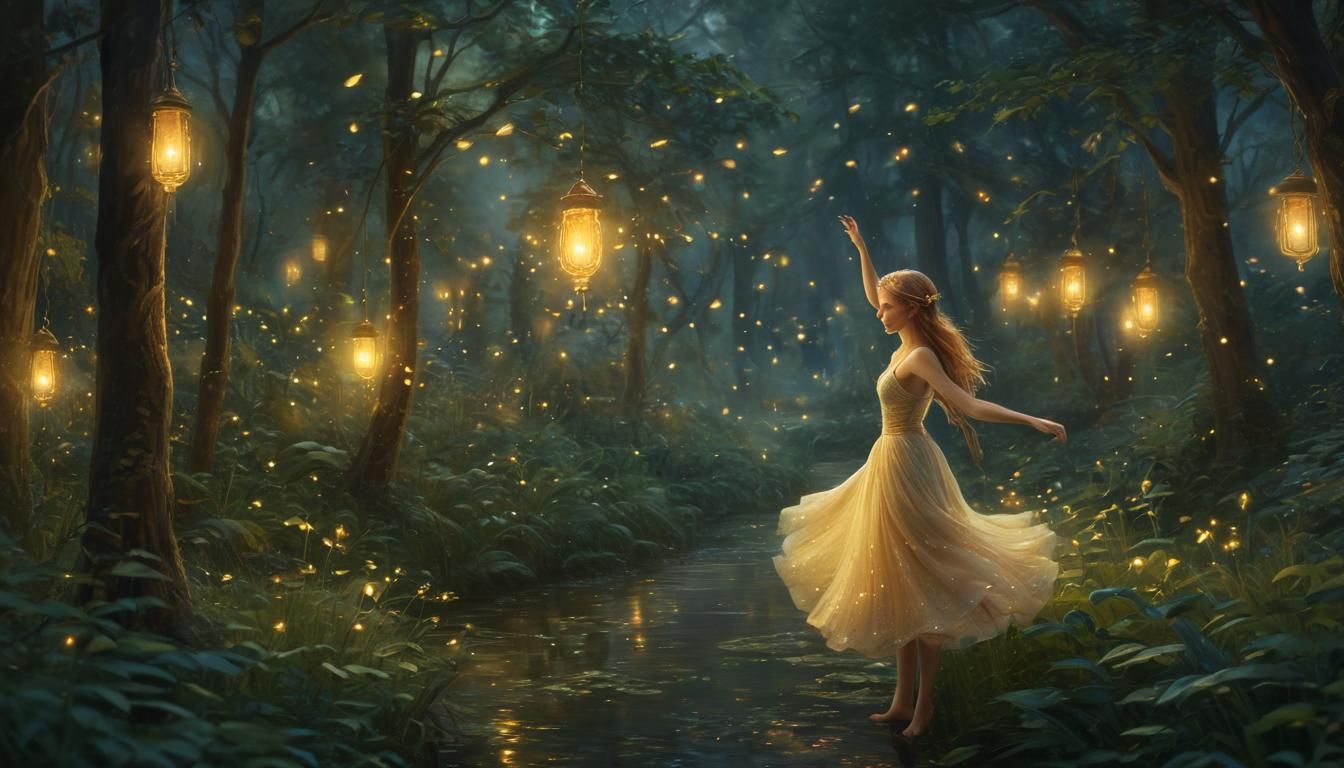 Elf Dances in Forest, Monet-Inspired Watercolor