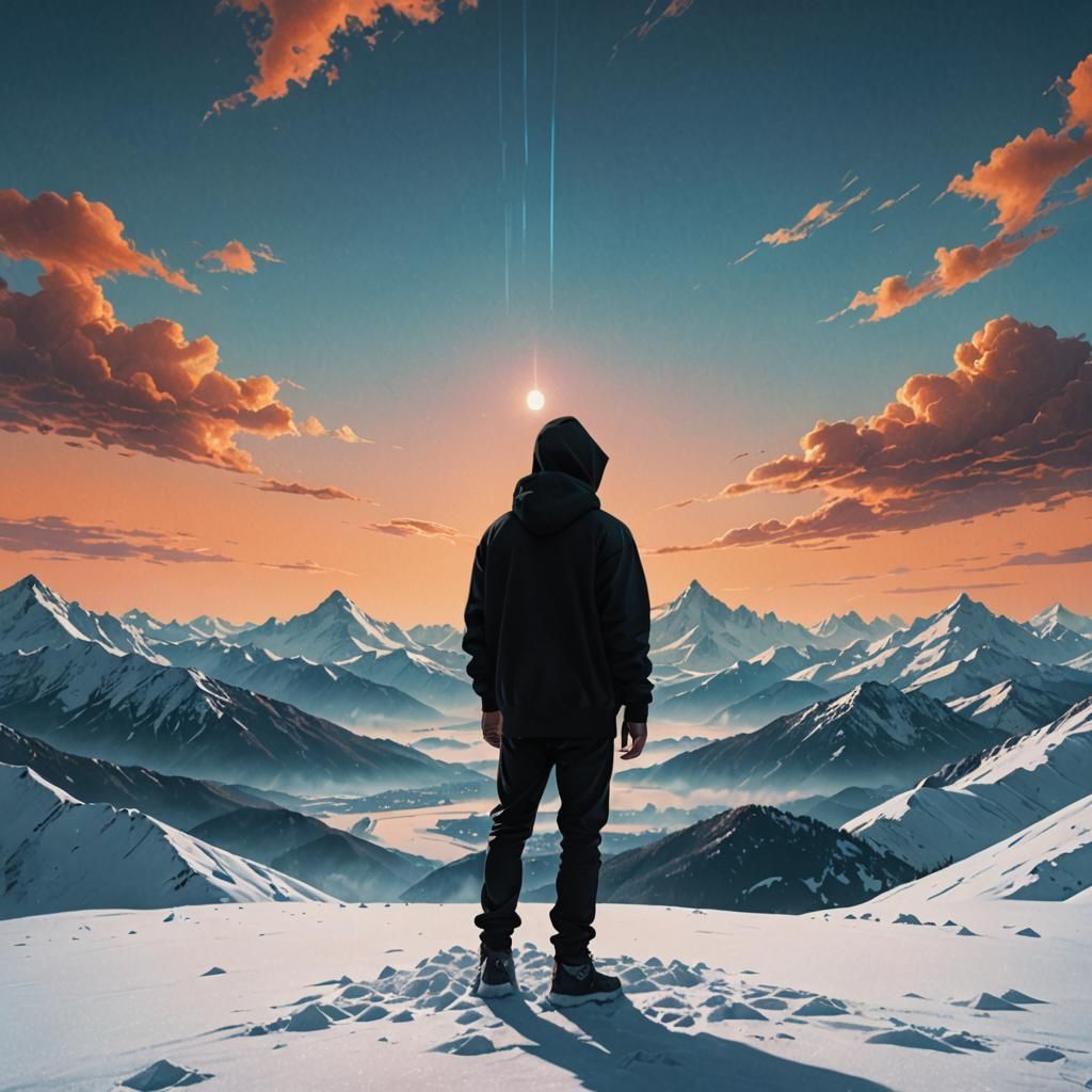 Man Levitating in Snowy Landscape, Matte Painting