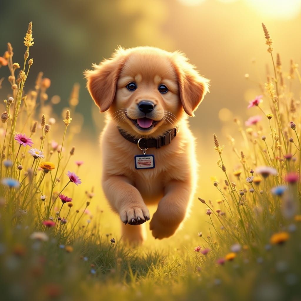 Golden Retriever Puppy in Vibrant Meadow at Golden Hour