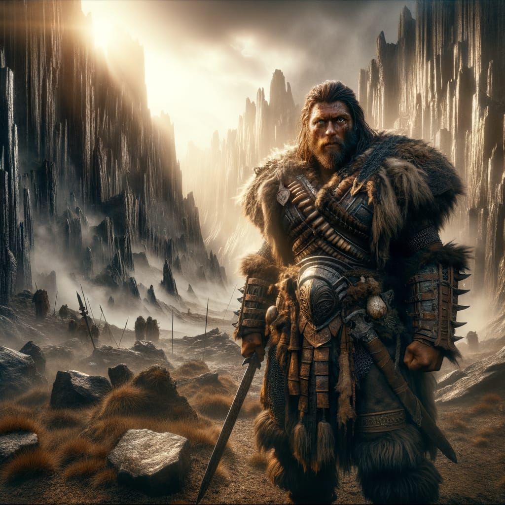 Barbarian Warrior in Dramatic Maximalist Landscape at Sunset