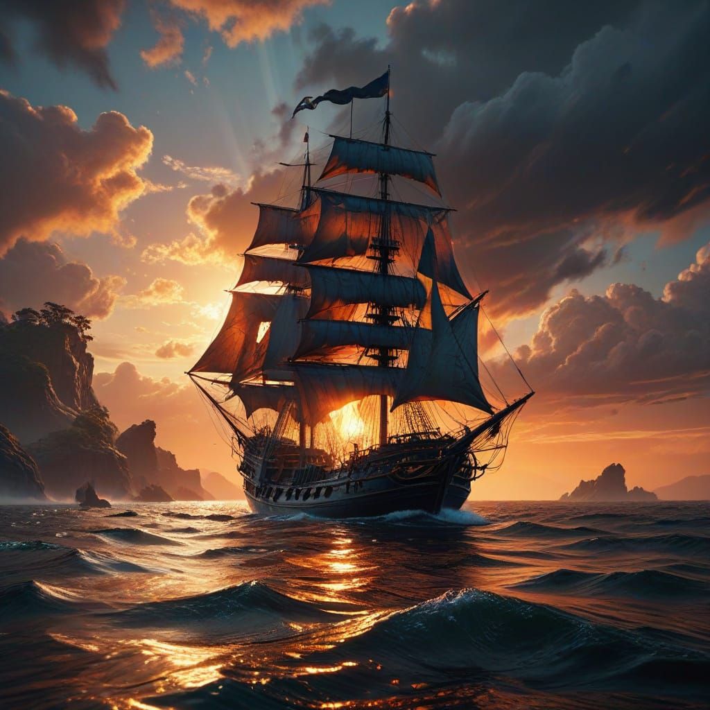 Majestic Sailing Ship Silhouetted Against a Vibrant Sunset