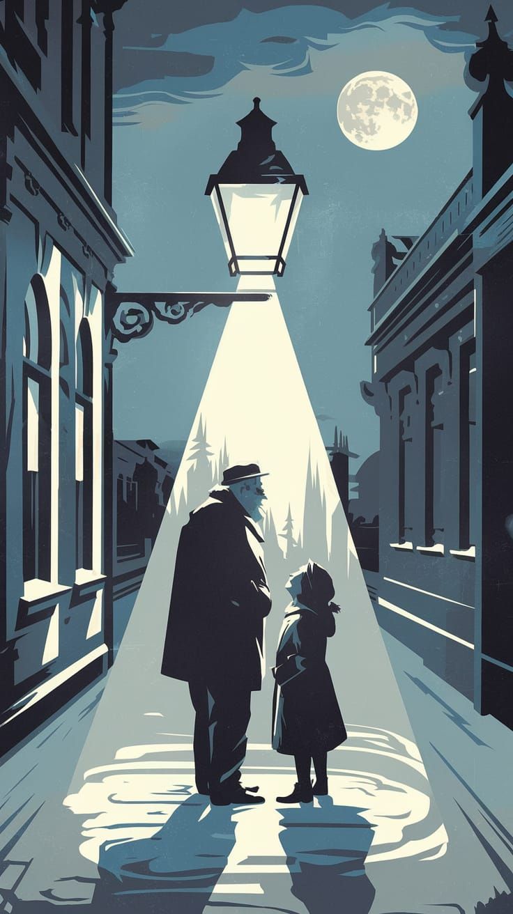 Vintage Snowy Street Scene under a Full Moon