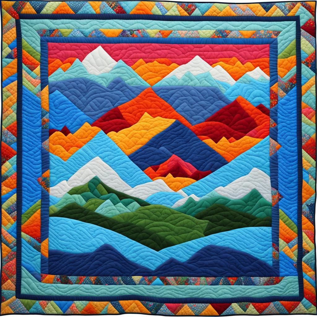 Vibrant Mountain Quilt with Mosaic Design
