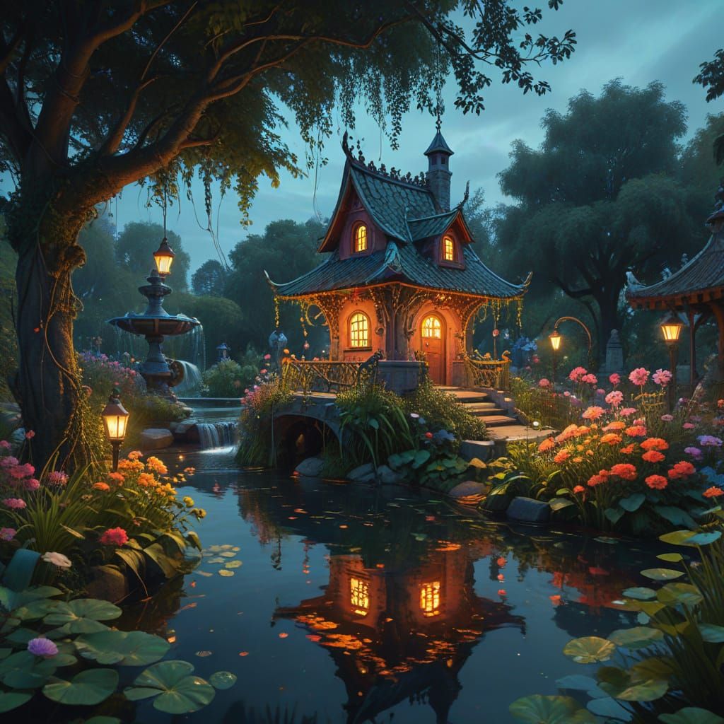 Ornate Bird House in Lush Garden Hanging Over Pond