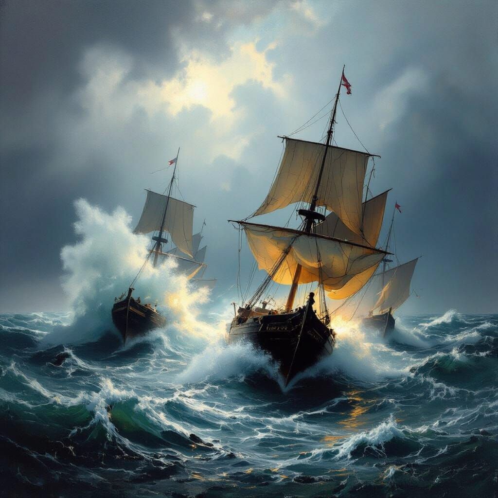 Stormy Seas: Dutch Vessels in Romantic Seascape Style