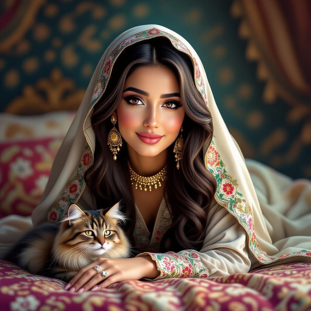 Beautiful Arabic Woman on Ornate Bed, Hyperrealistic Style