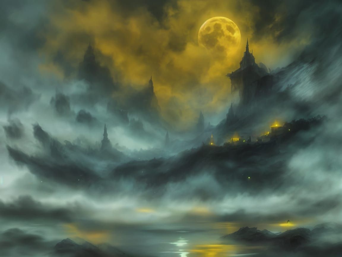 Ethereal Twilight Mountainscape with Foggy Liminal Creatures