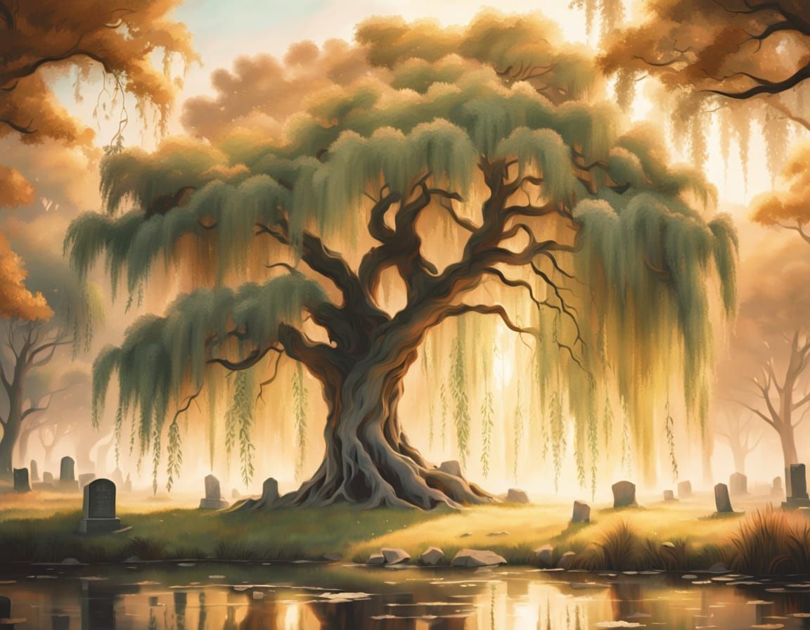 Majestic Weeping Willow in a Serene Cemetery Landscape