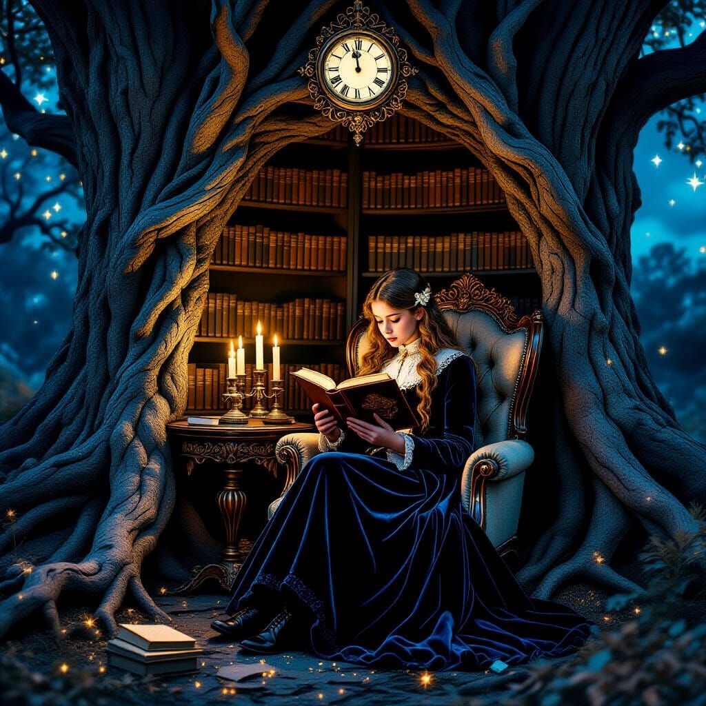 Girl Reading in Ancient Tree Library by Candlelight
