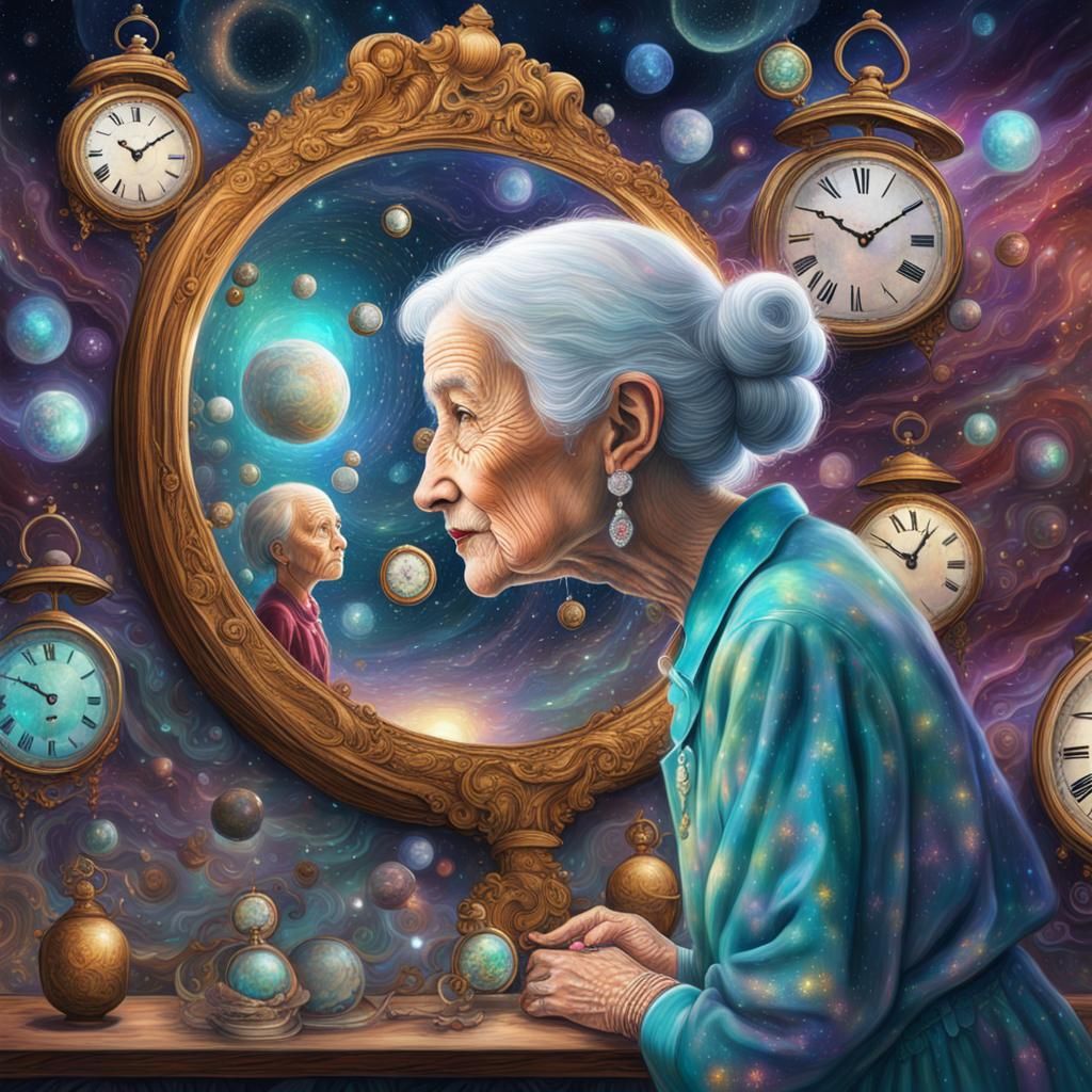 Old Woman, Baby Reflection, Surreal Cosmic Art