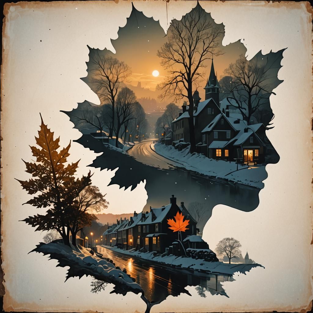 Double Exposure: Maple Leaf and Snowy Village