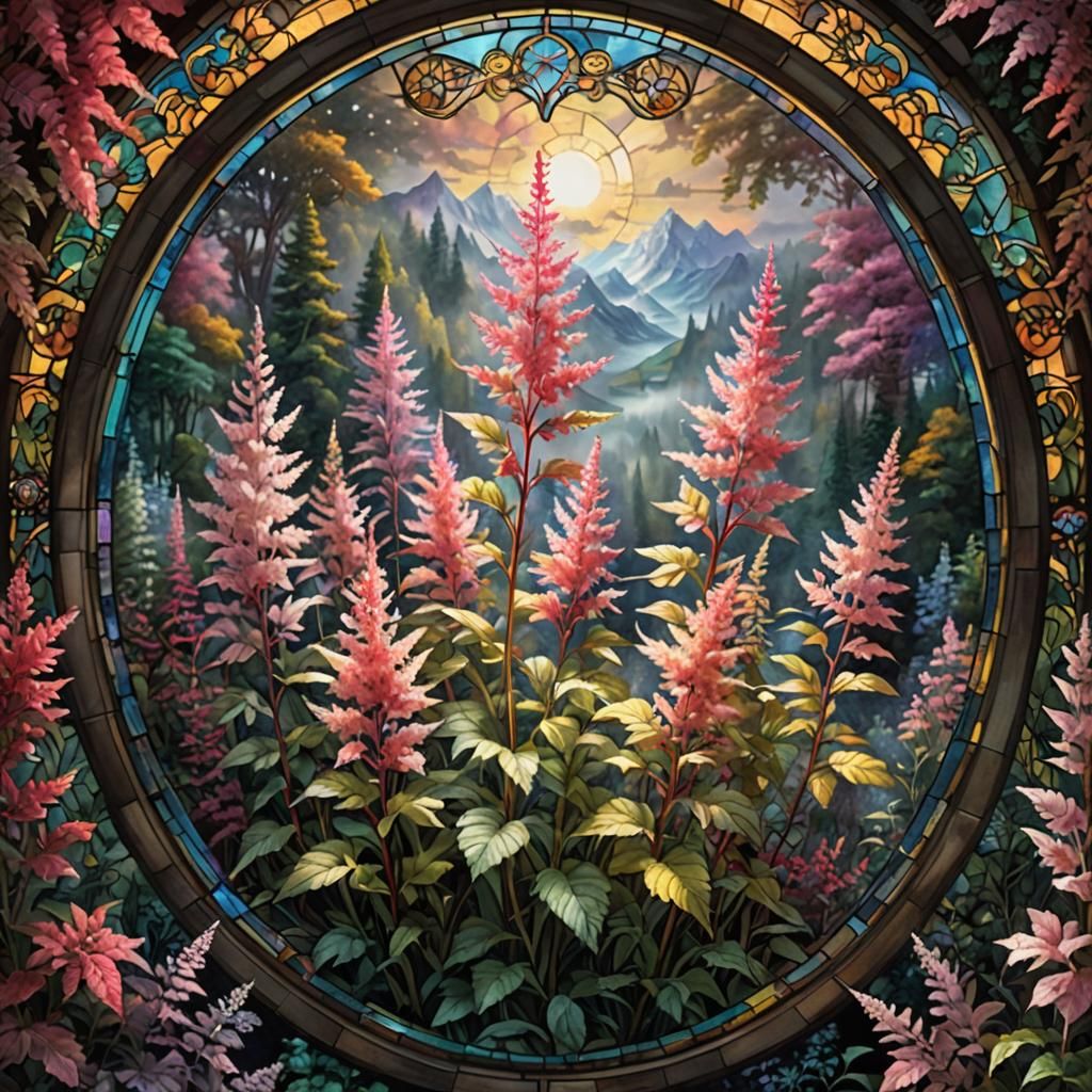 Vibrant Astilbe Flower in Stained Glass Style