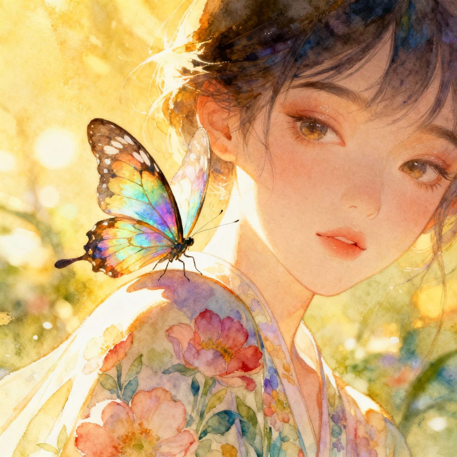 Butterfly Lands on Shoulder in Watercolor Style