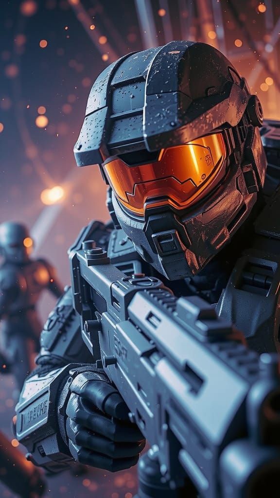 Master Chief Aiming Rifle in Futuristic Sci-Fi Setting