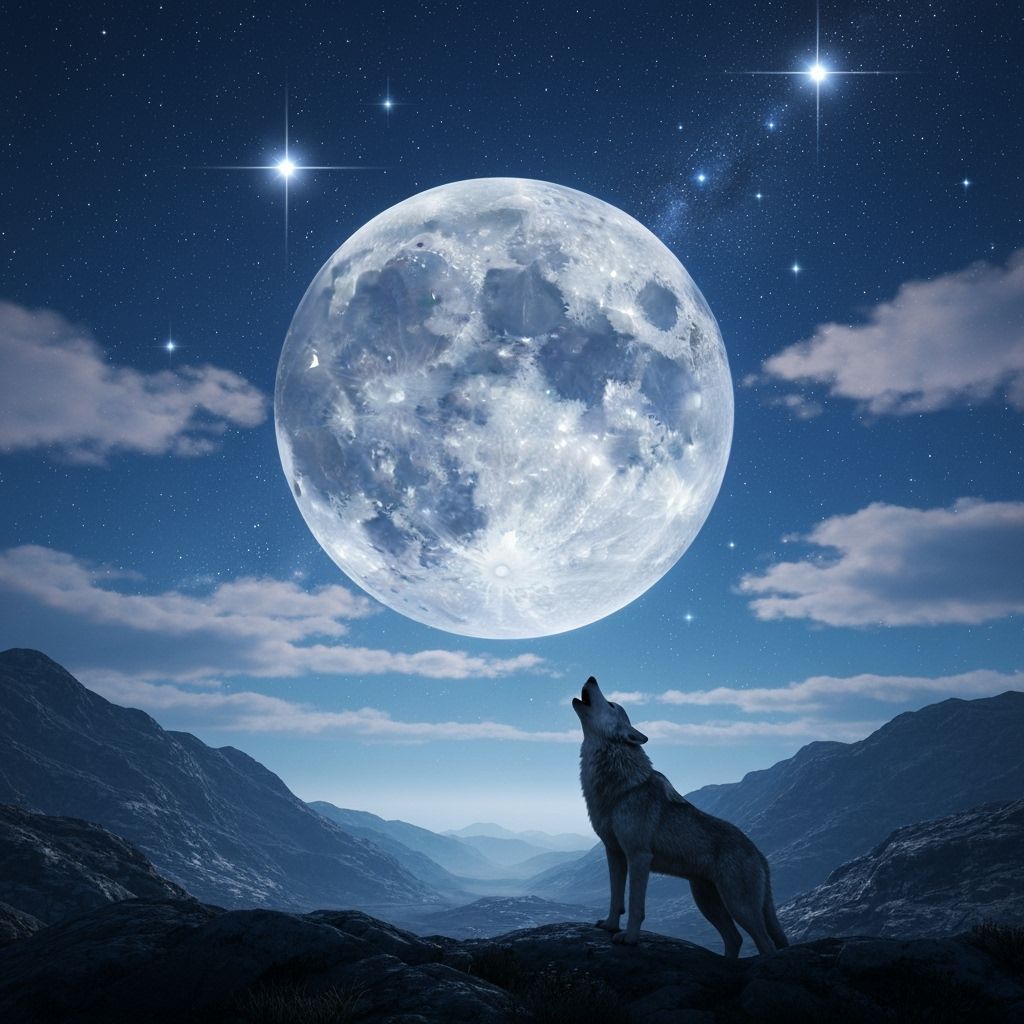 Majestic Wolf Howling at Giant Moon in Celestial Sky