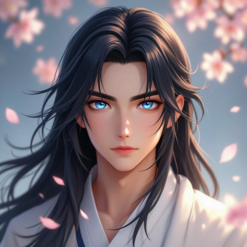 Anime Style Young Man with Long Black Hair and Blue Eyes