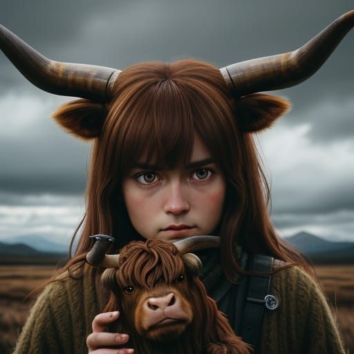 Girl and Highland Cow in Cinematic Film Style
