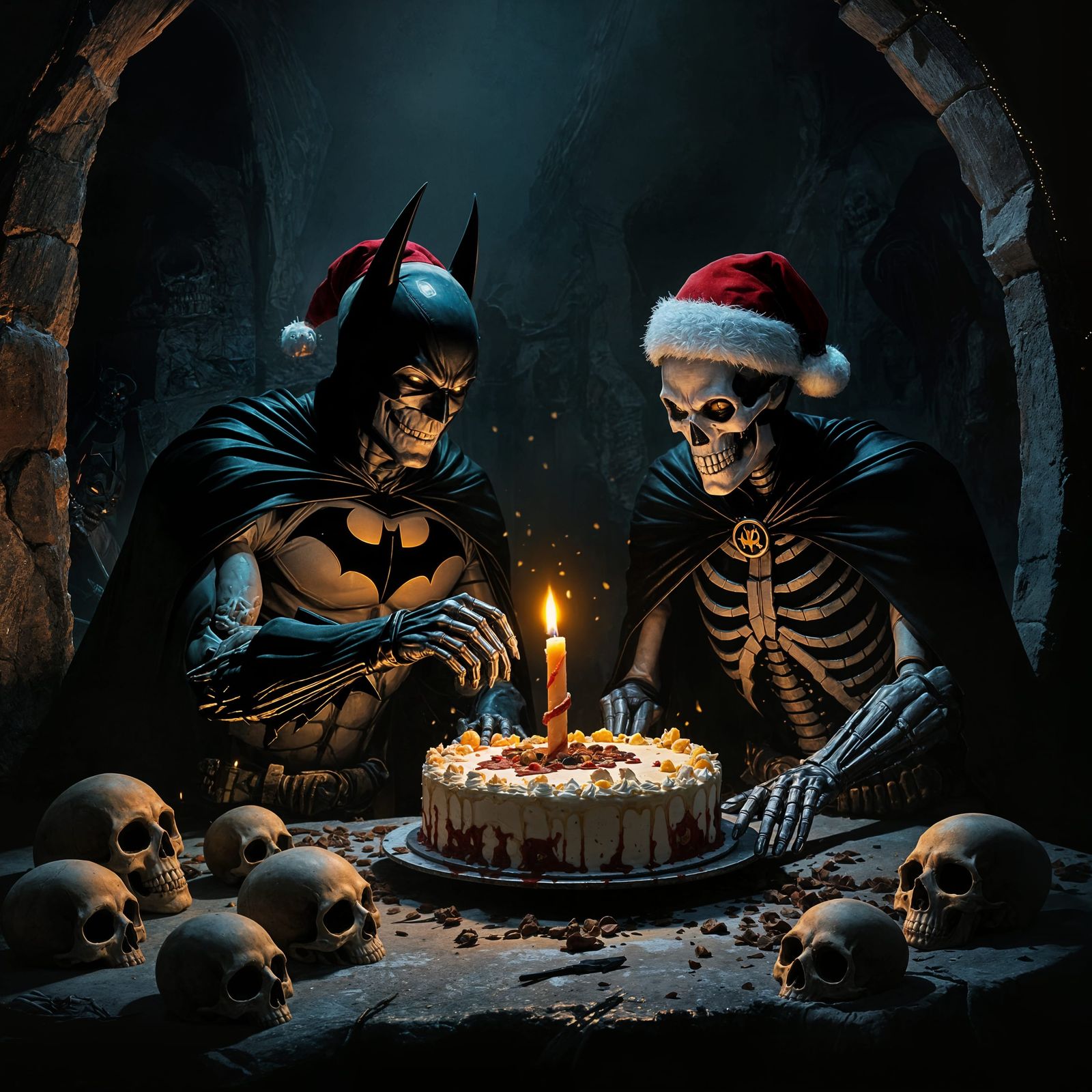 Skeletal Batman and Robin Celebrate Christmas in Haunted Cry...