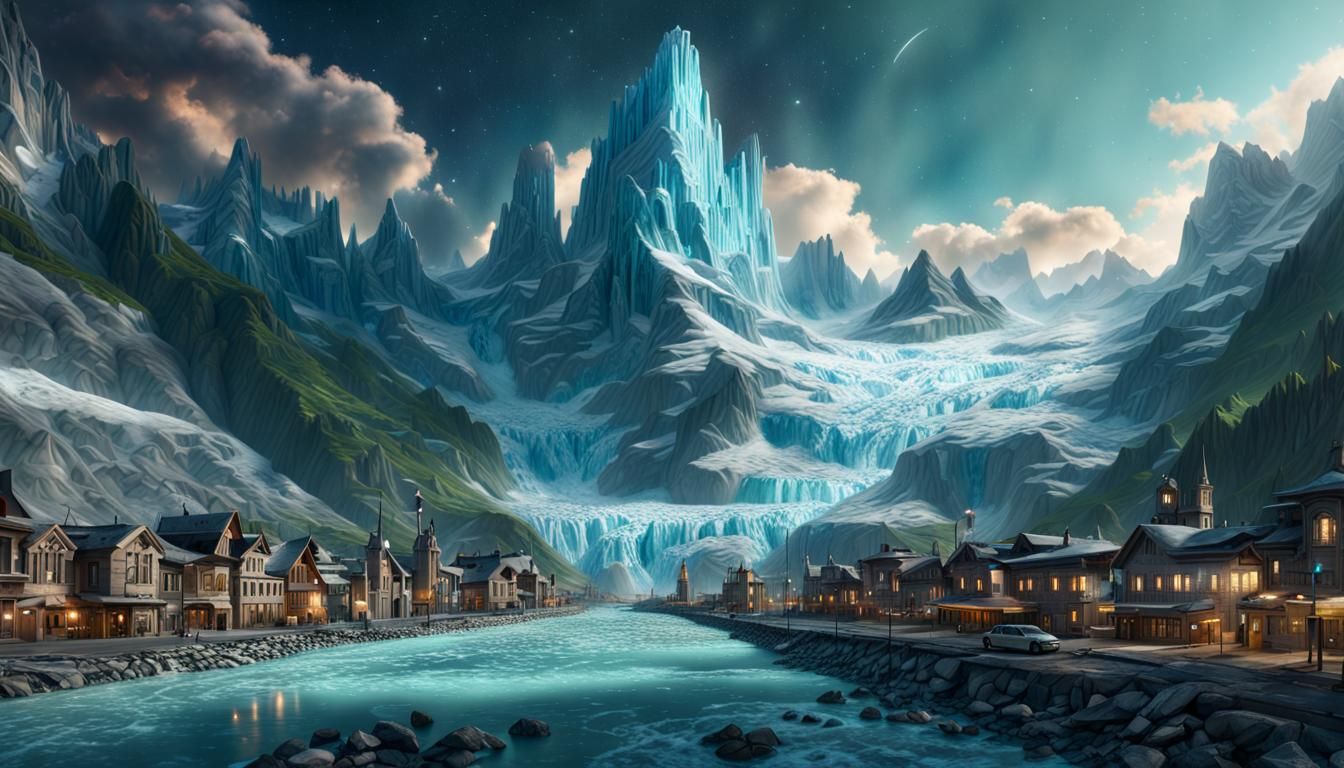 Cosmic Glacier Valley City: Hyperrealistic Digital Art