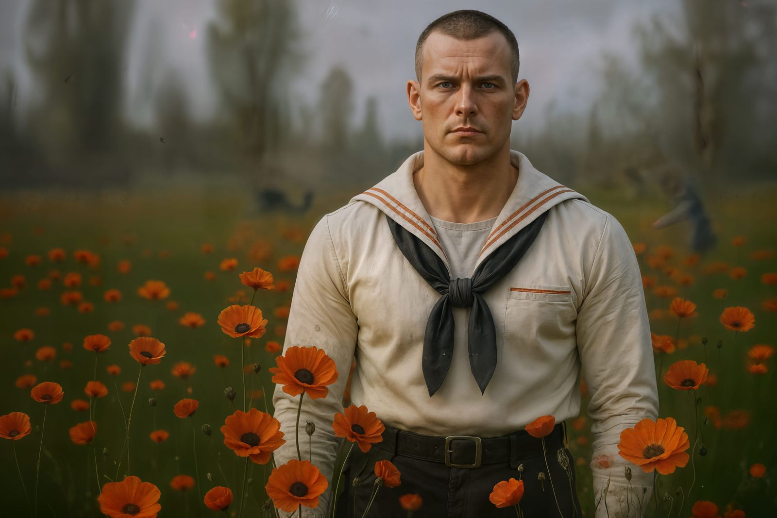 WWI Sailor Amidst Poppies in Melancholic Concept Art Style