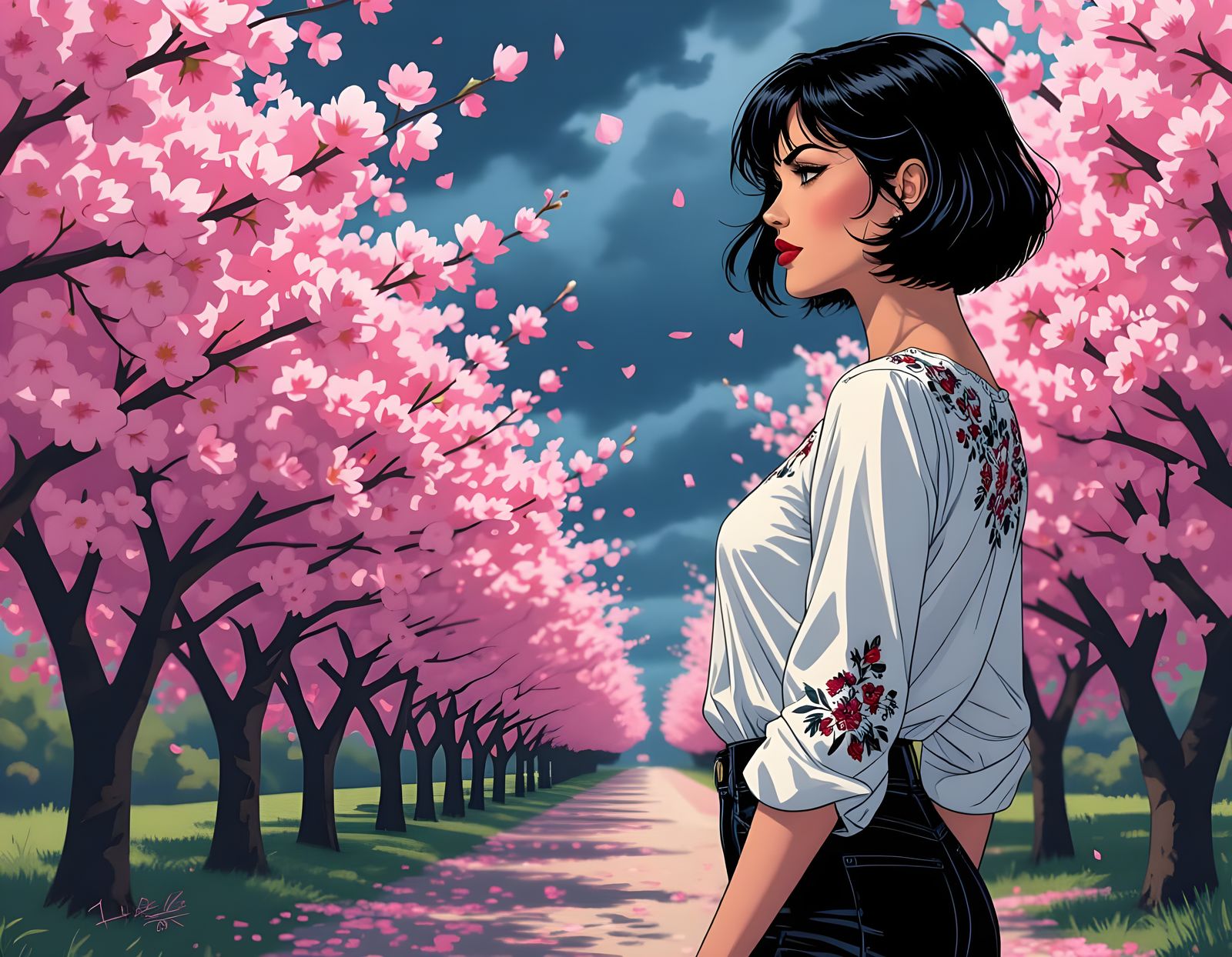 Comic Book Style Woman in Cherry Blossom Orchard