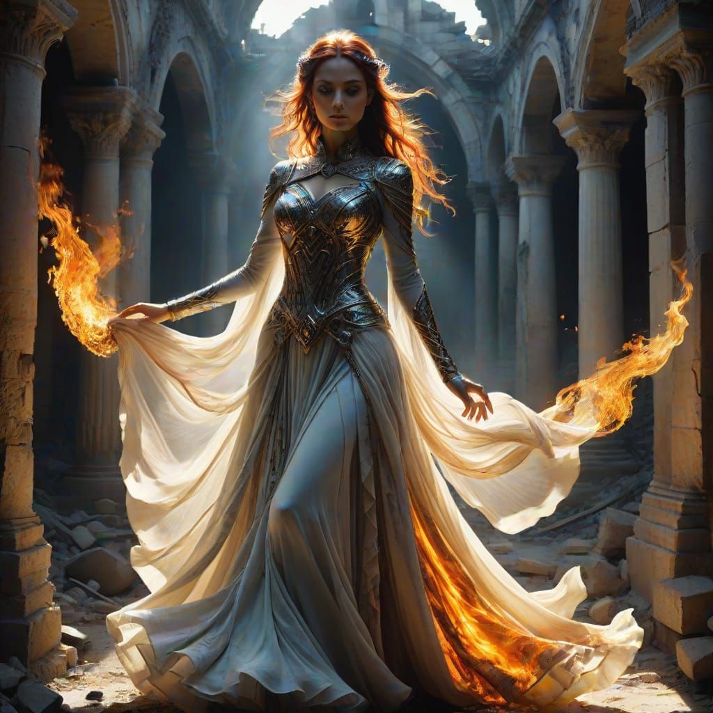 Translucent Fantasy Figure Dancing in Ruins