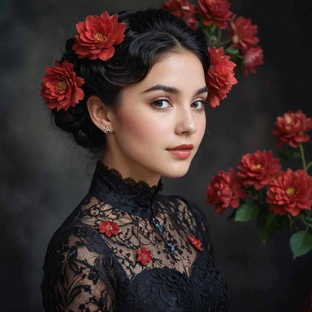 Leaf Collage Portrait of Woman in Lace Dress