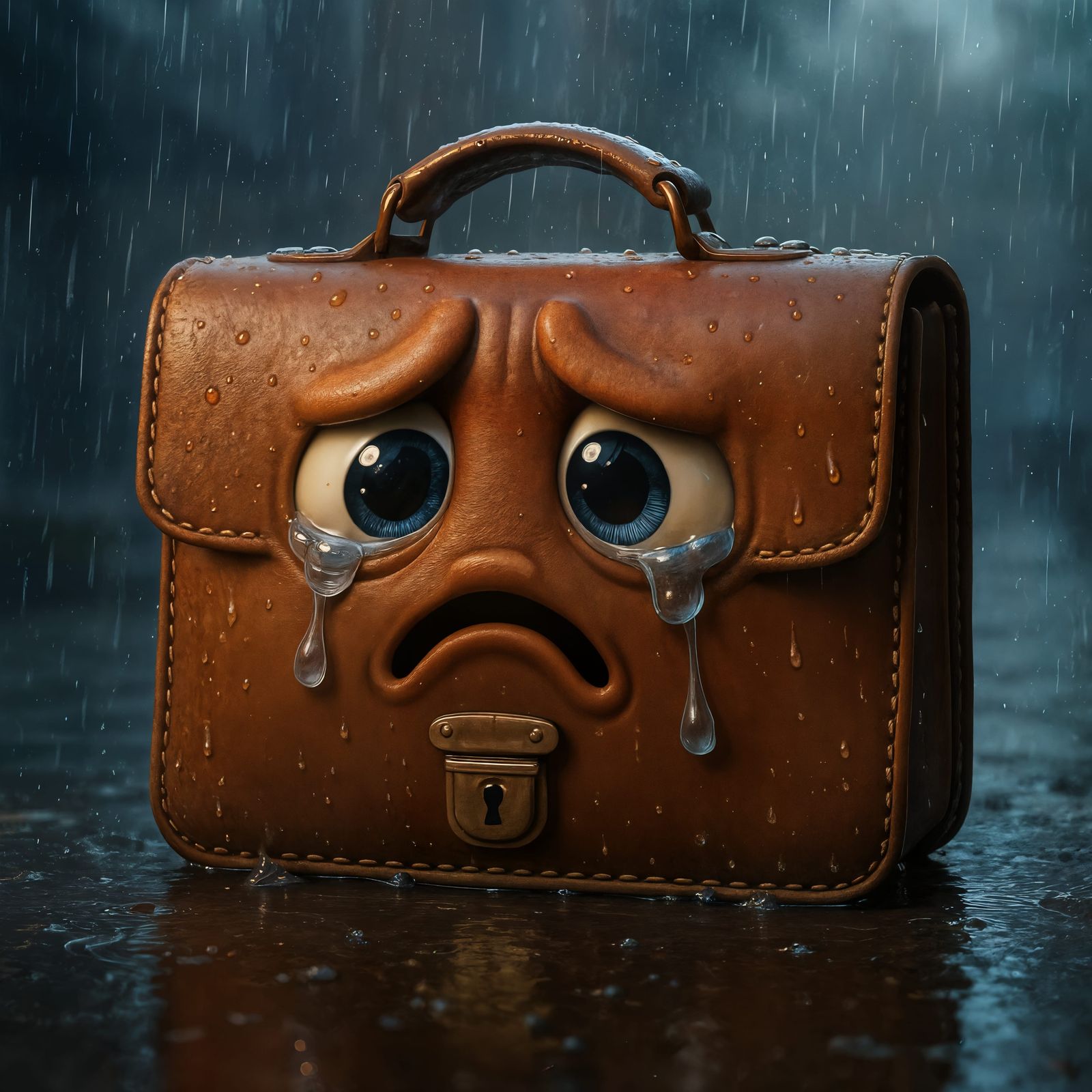 Adorable CGI Cartoon Briefcase Crying on a Rainy Day