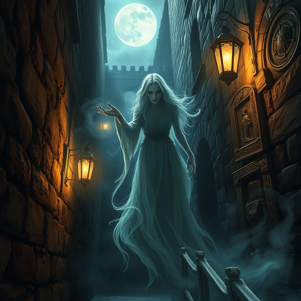 Spectral Banshee in Moonlit Alleyway Matte Painting