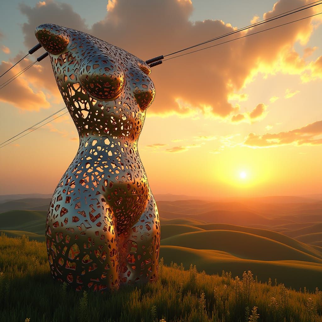 High-Voltage Tower as Female Form in Sunset Light