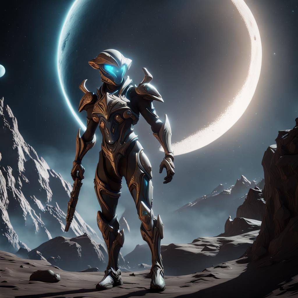 Moon-Themed Warframe Character in 3D Game Art